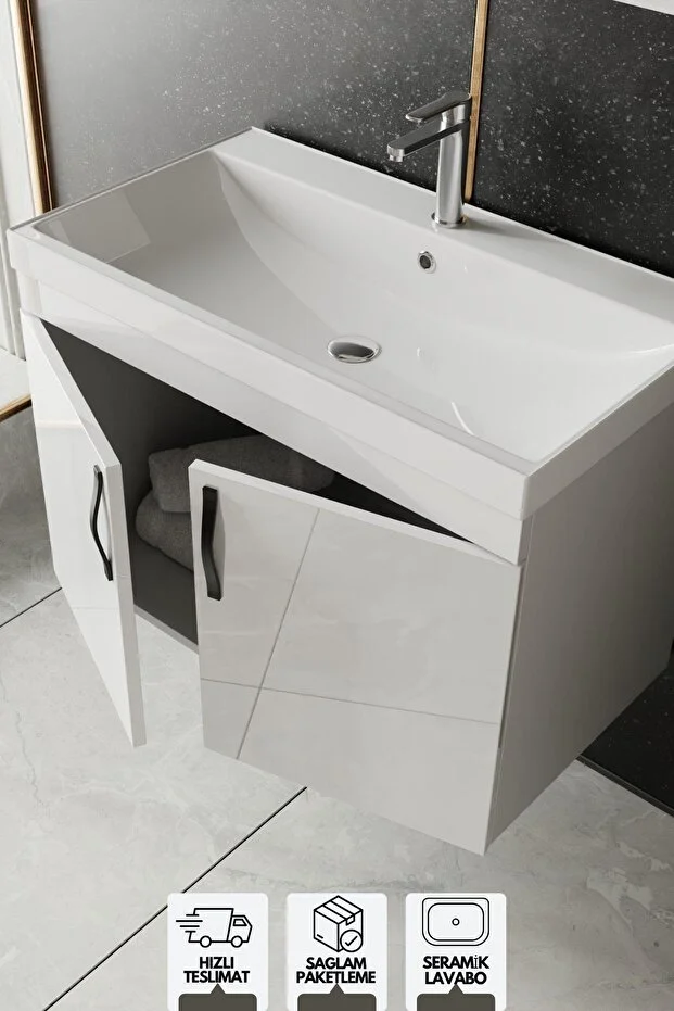 Ege 80 Cm Lavabolu Alt Banyo Dolabı, Kapaklı Banyo Alt Dolabı,seramik Lavabo Dahil
